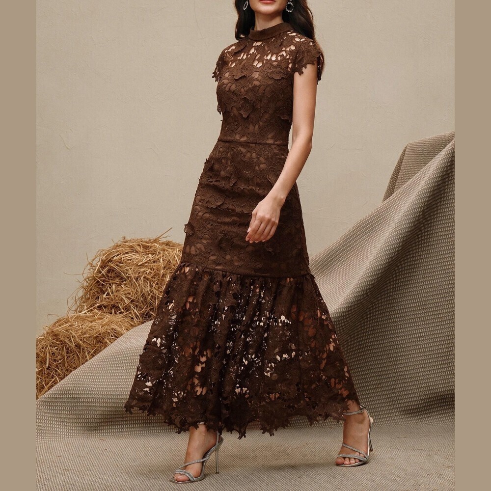 Olive Green Floral Lace Stand Collar Cap Sleeve Tiered Hem Maxi Dress
